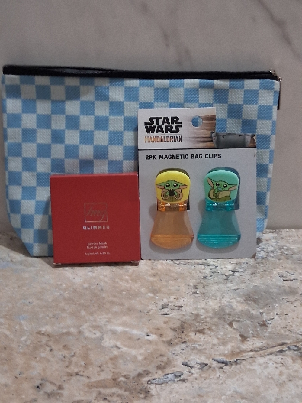 Star Wars Baby Yoda Bag Clips, Avon Fmg Glimmer Blush & Checkered Bag